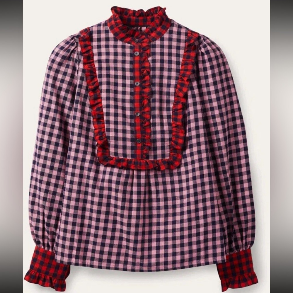 Boden Isla Frill Button Plaid Blouse
Pink/Red Gingham Size 8 Prairie
Ruffle Top